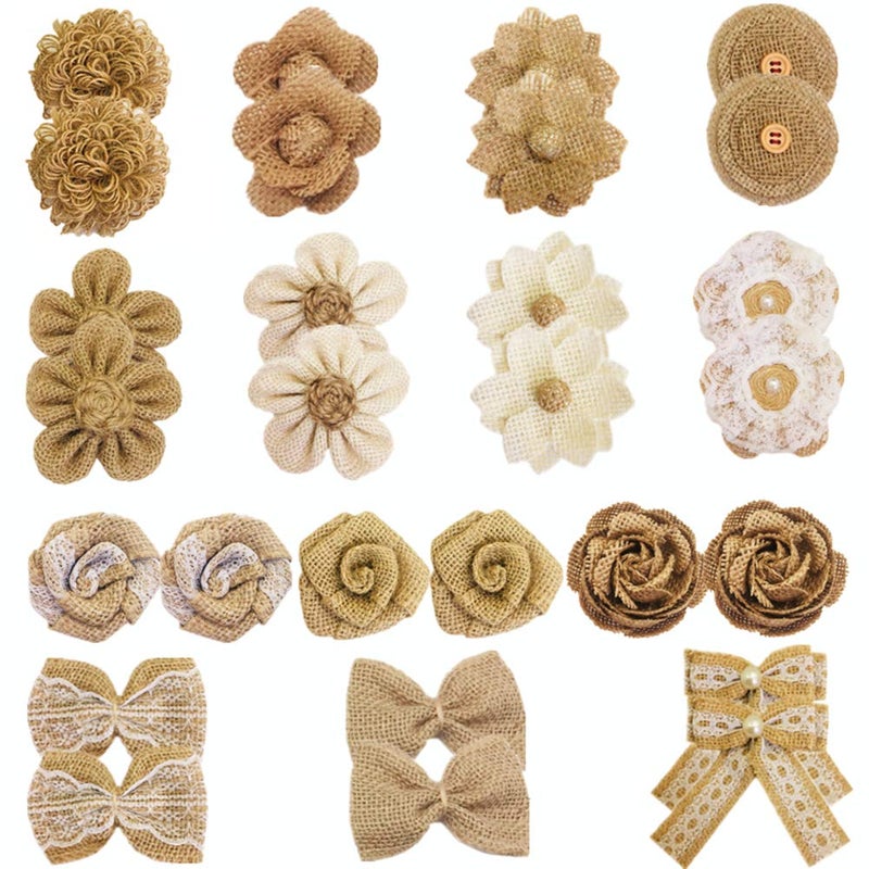OZXCHIXU 28 PCS Natural Burlap Flowers Set,Handmade Rustic Flowers and Burlap Bowknots for Wedding Decoration,Home Embellishment DIY Crafts,Gift Wrapping Bows - Image 1
